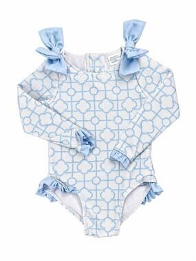 Edgehill Collection Baby Girls 18M Blue White Long Sleeve One Piece Swimsuit